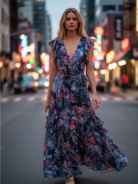 Ralph Lauren Navy Floral V-Neck Ruffle Maxi Dress